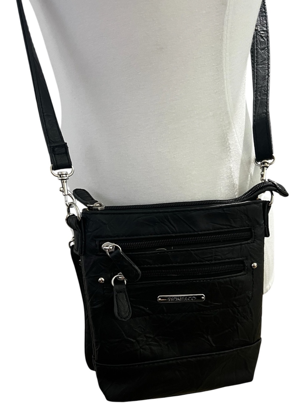 Stone & Co. Black Quilted Crossbody Bag with Front Zip Pockets